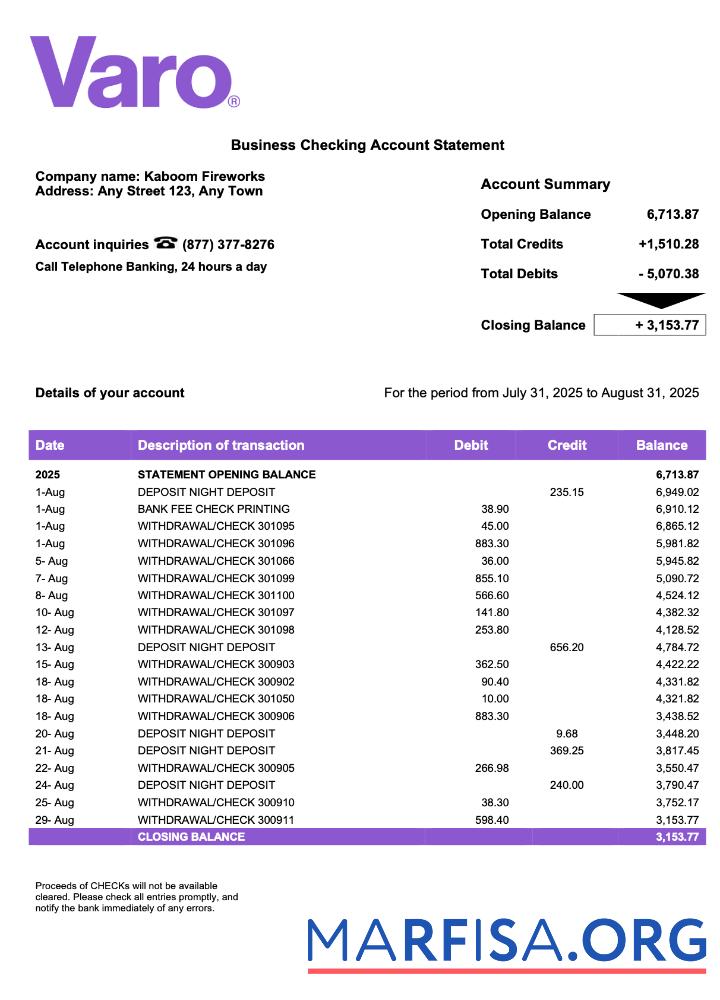 Printable USA California Varo organization checking account statement Word and PDF template